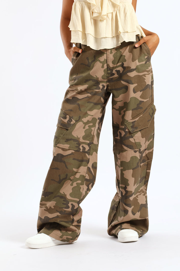 Camo Print Cargo Wide Leg Denim - Fatigue