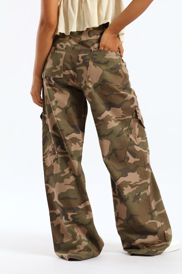 Camo Print Cargo Wide Leg Denim - Fatigue