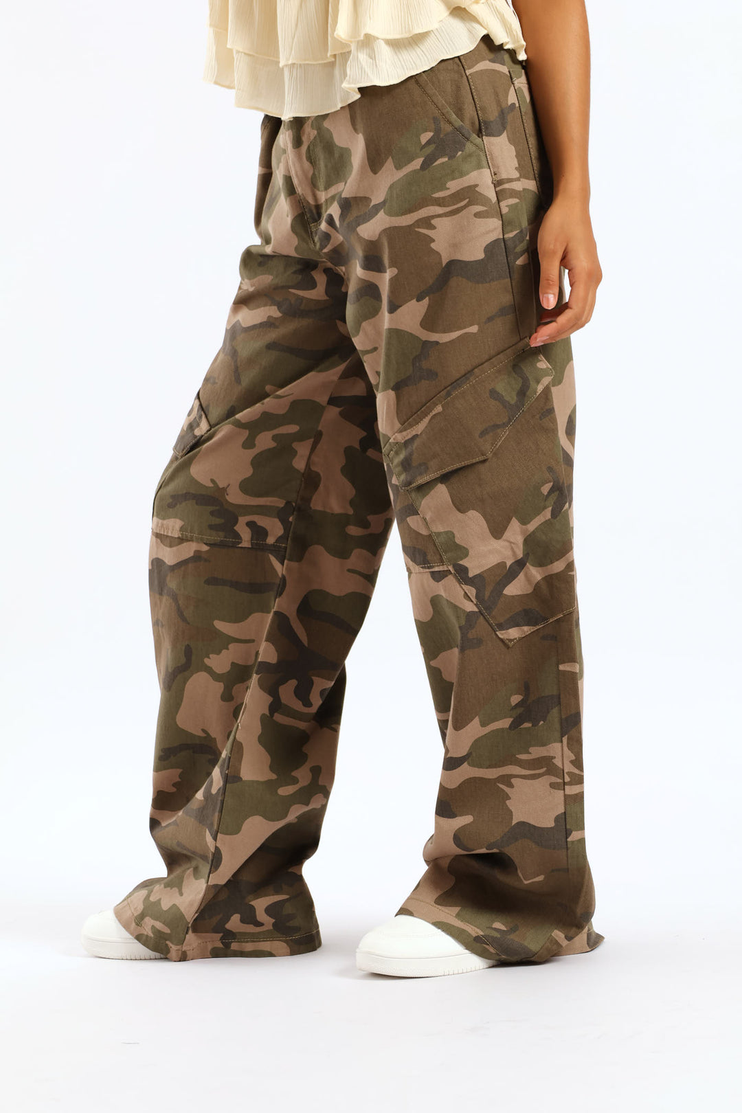 Camo Print Cargo Wide Leg Denim - Fatigue