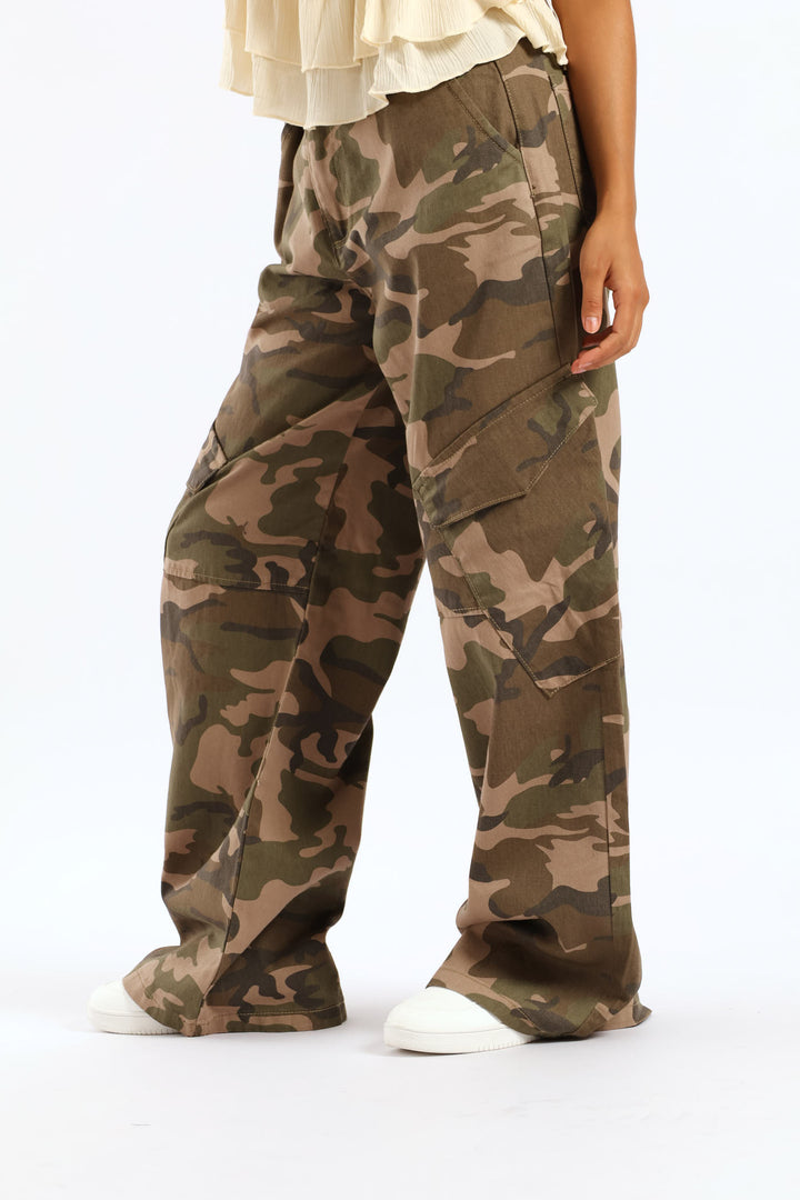 Camo Print Cargo Wide Leg Denim - Fatigue