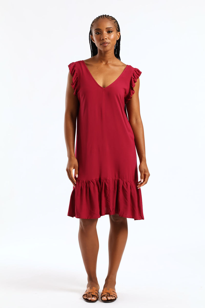 V-Neck Frill Sleeve Tie Detail Drop Hem Mini Dress - Beet