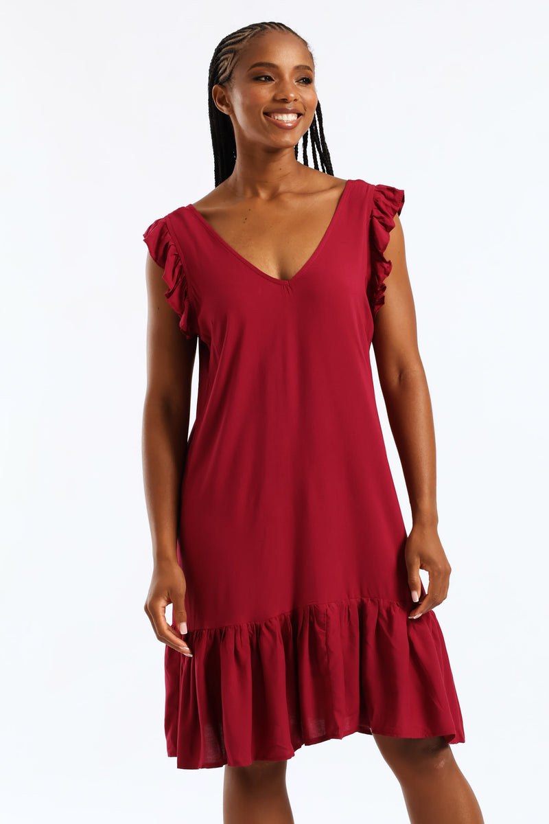 V-Neck Frill Sleeve Tie Detail Drop Hem Mini Dress - Beet