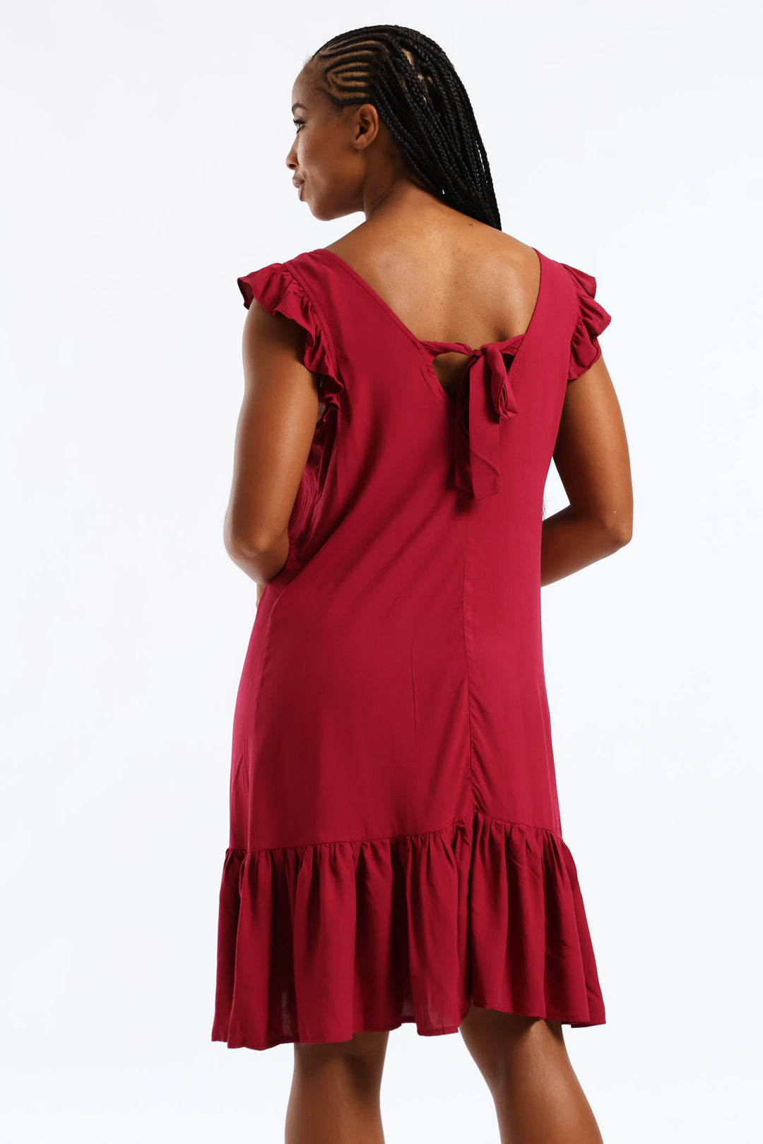 V-Neck Frill Sleeve Tie Detail Drop Hem Mini Dress - Beet