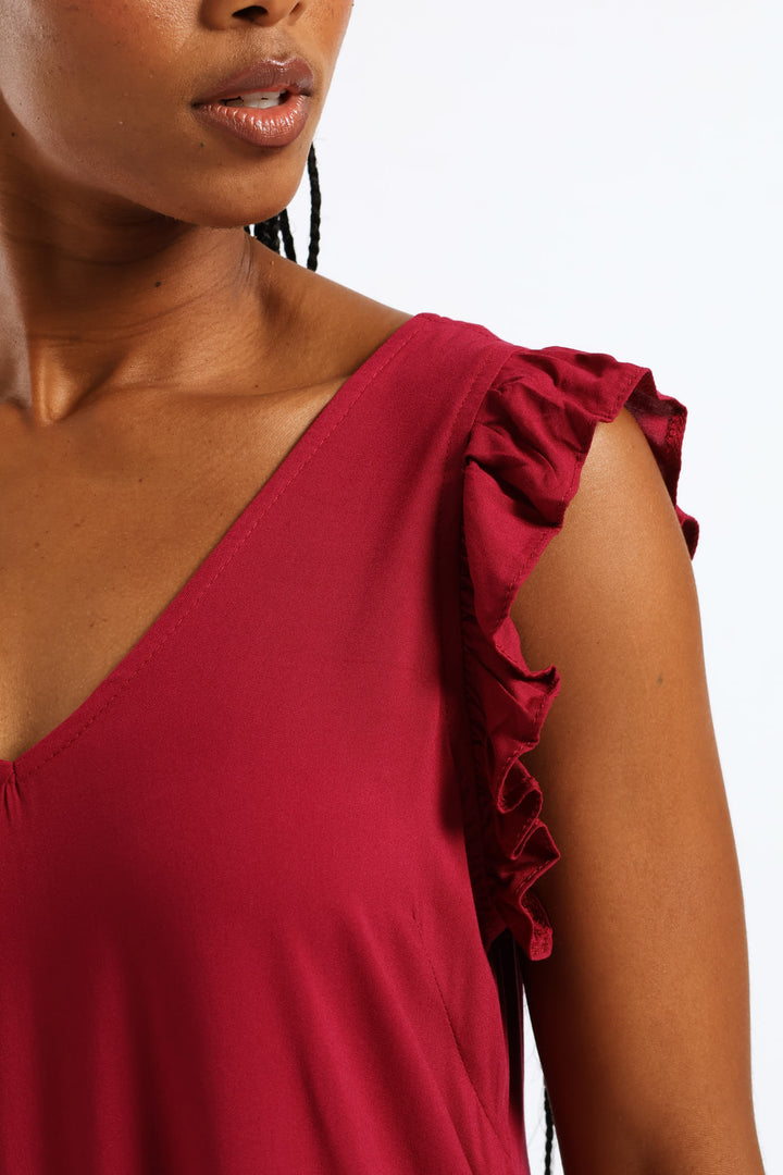 V-Neck Frill Sleeve Tie Detail Drop Hem Mini Dress - Beet