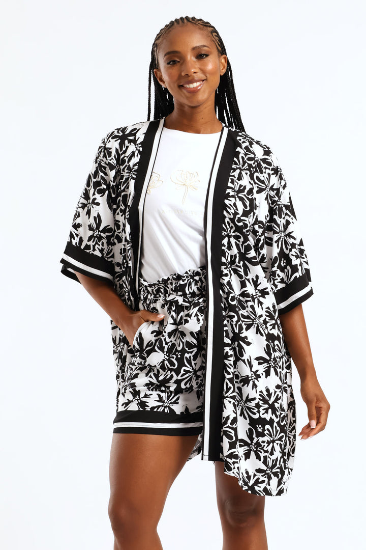 3/4 Sleeve Border Print Kimono - Black/White