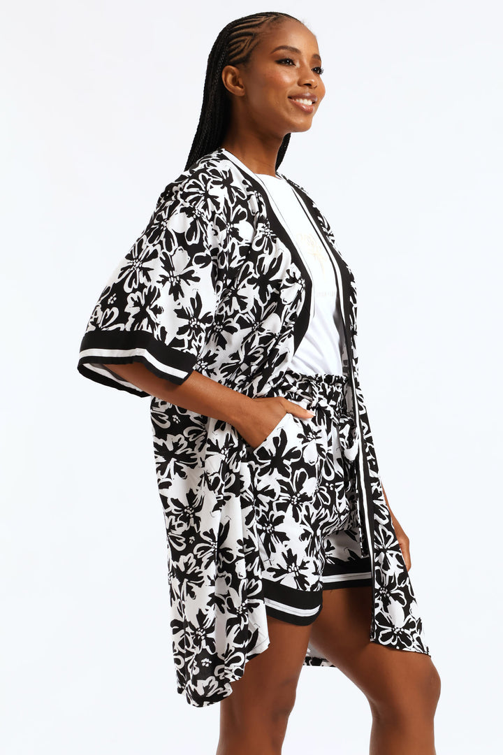 3/4 Sleeve Border Print Kimono - Black/White