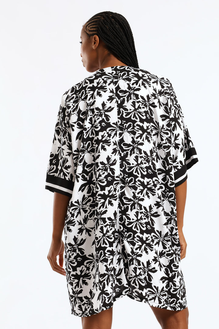 3/4 Sleeve Border Print Kimono - Black/White