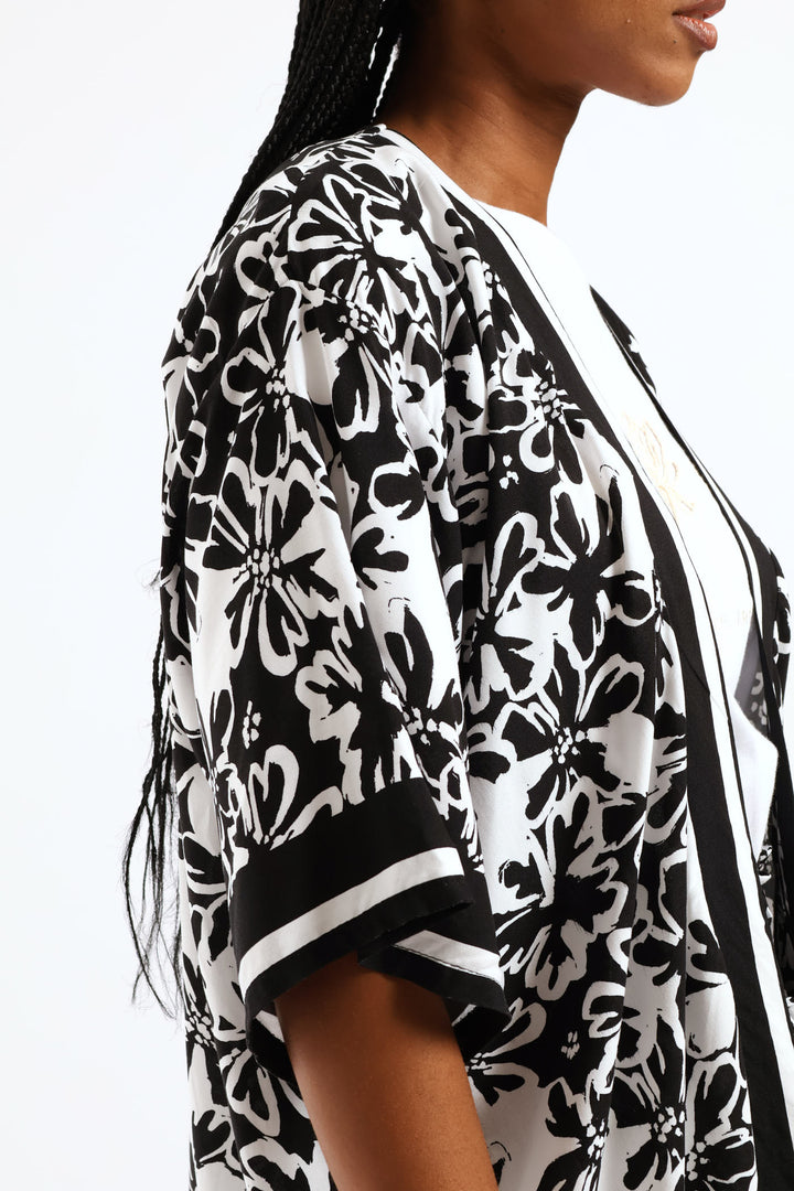 3/4 Sleeve Border Print Kimono - Black/White