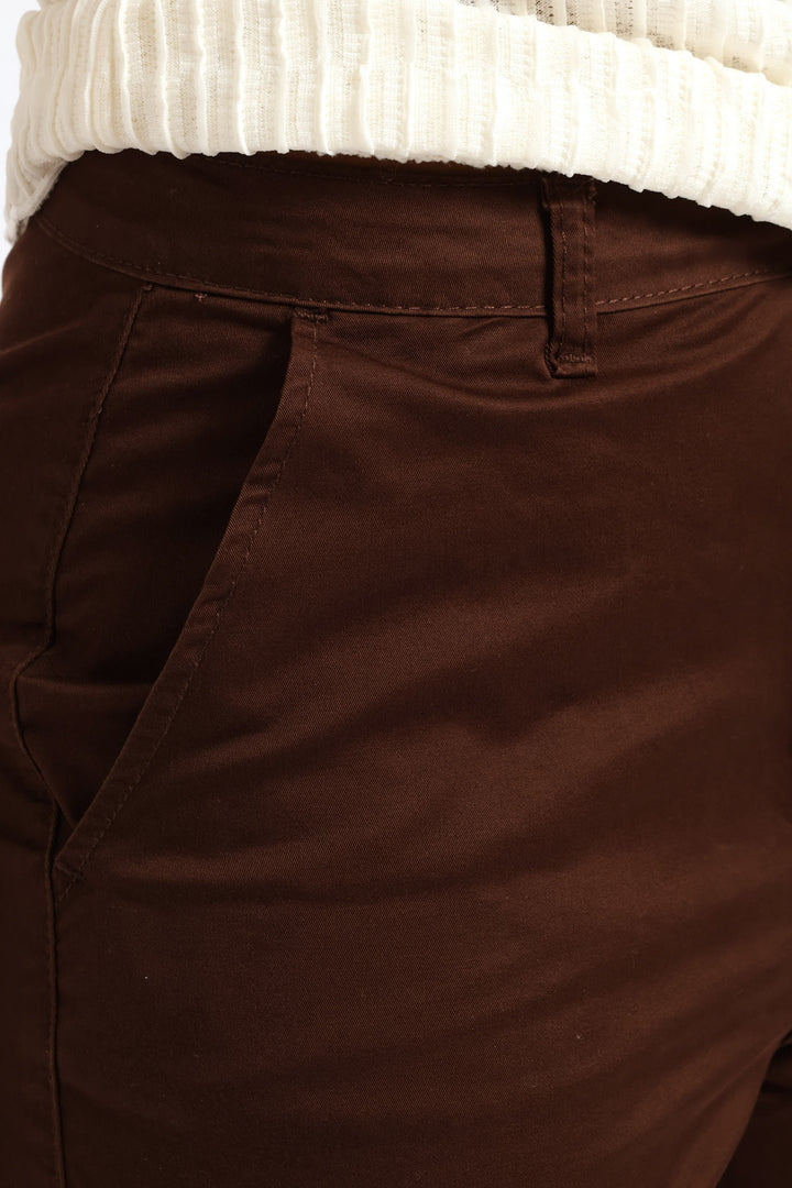 Stretch Sateen Mid Thigh Chino Shorts - Chocolate