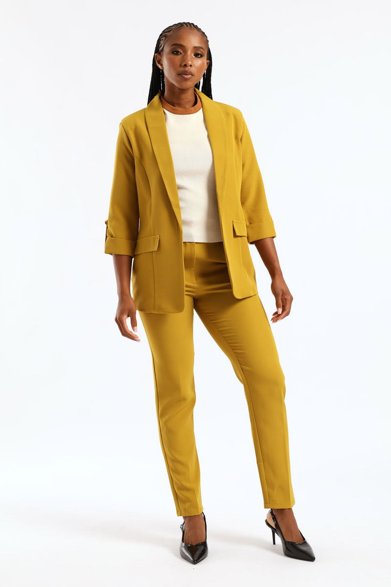 Shawl Collar Turn Up Sleeve Blazer - Chartreuse