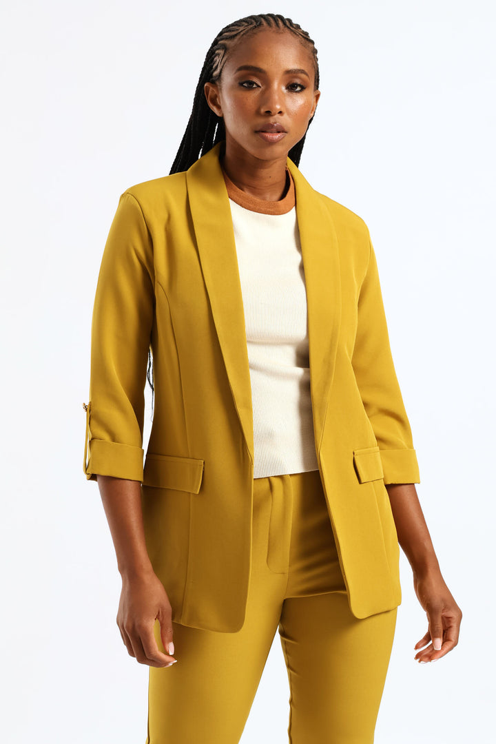 Shawl Collar Turn Up Sleeve Blazer - Chartreuse