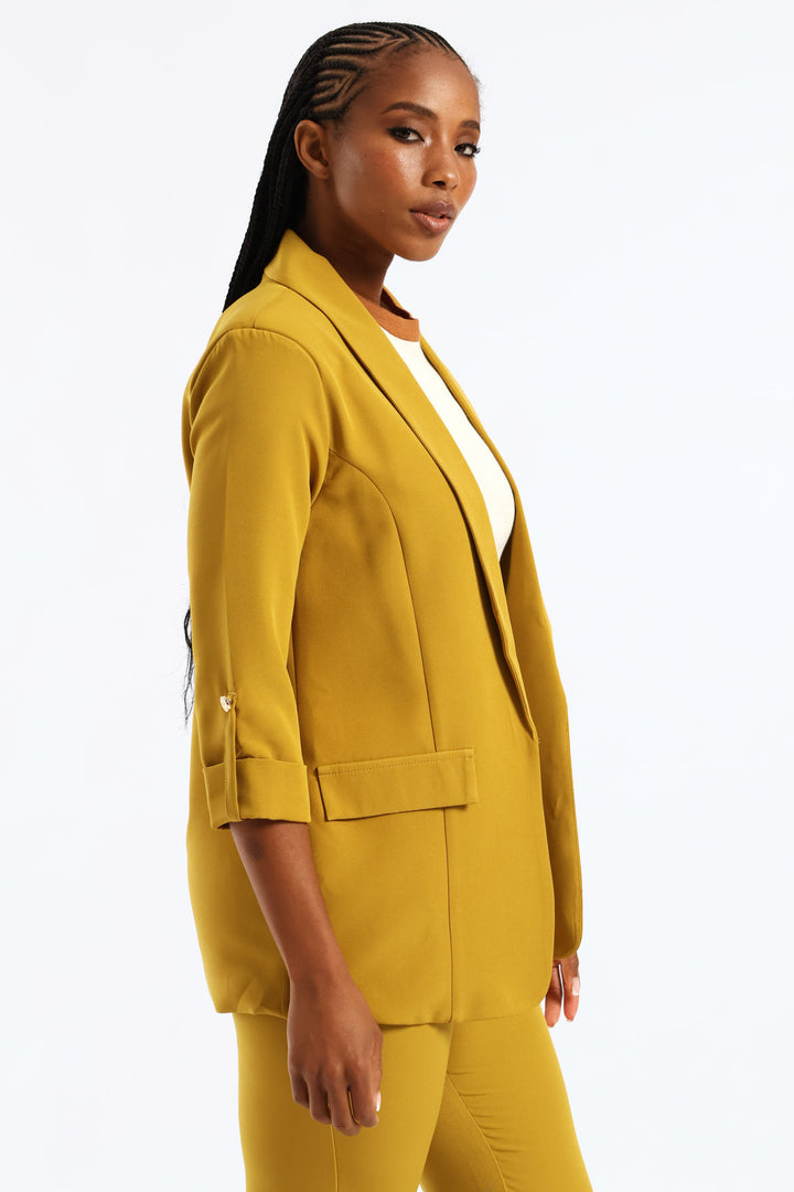 Shawl Collar Turn Up Sleeve Blazer - Chartreuse