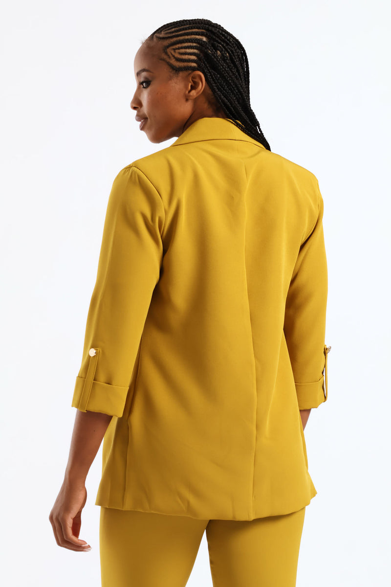 Shawl Collar Turn Up Sleeve Blazer - Chartreuse