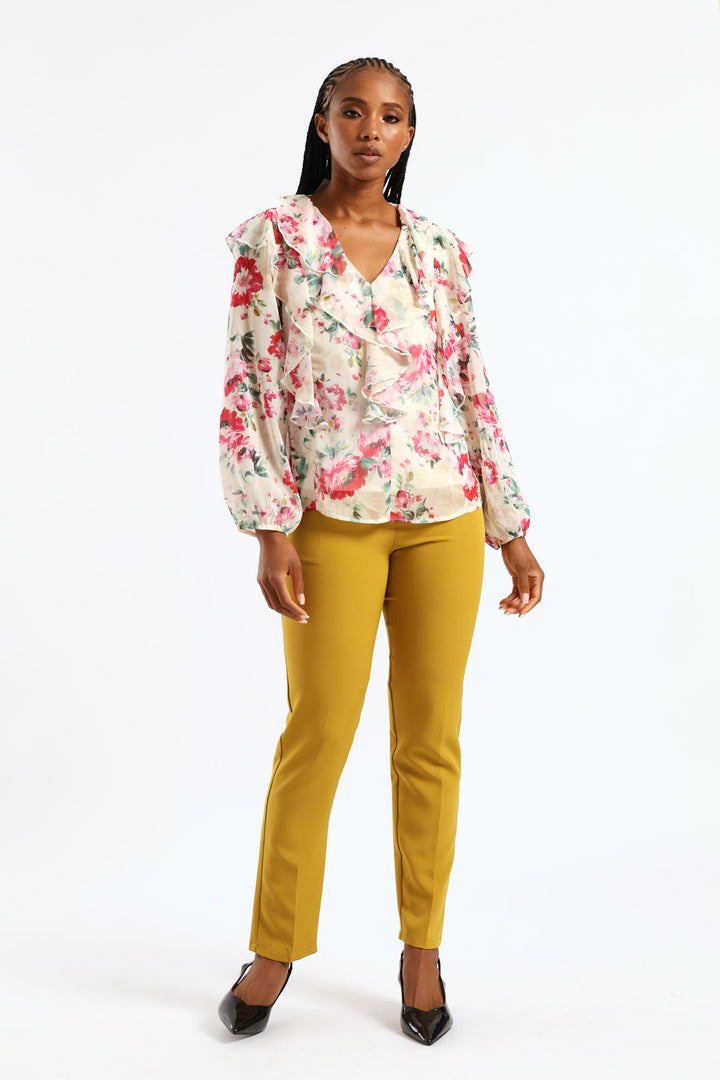 Ruffle Button Through Floral Blouse - Cream