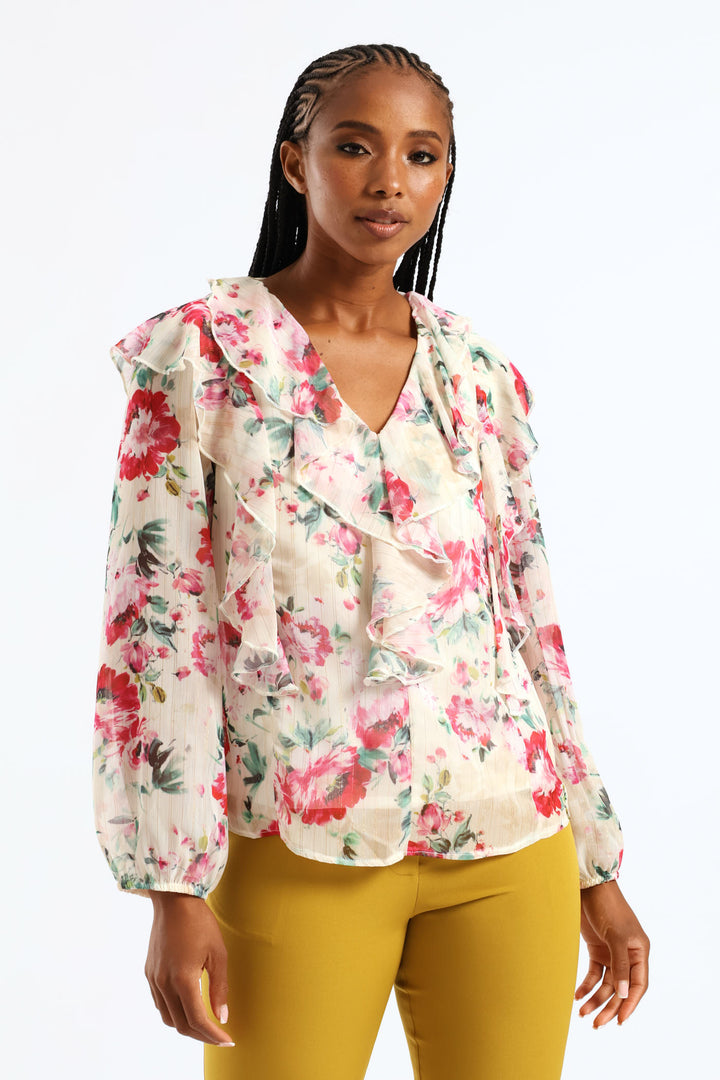 Ruffle Button Through Floral Blouse - Cream