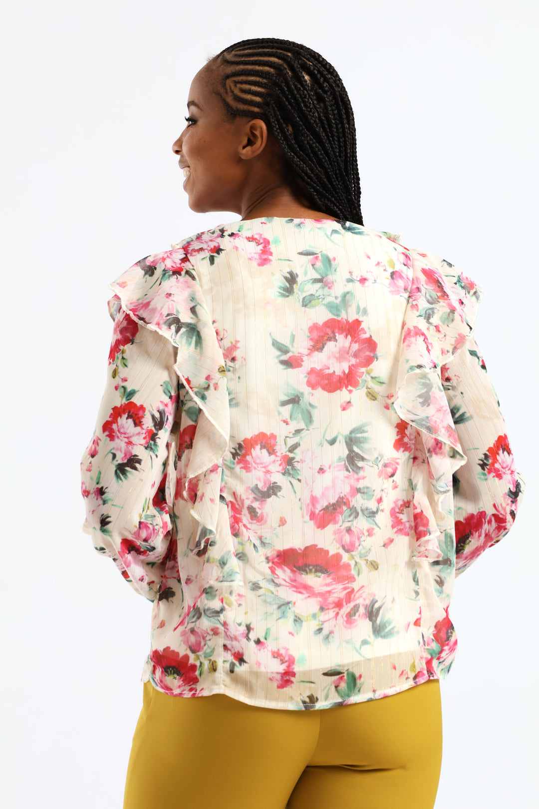 Ruffle Button Through Floral Blouse - Cream