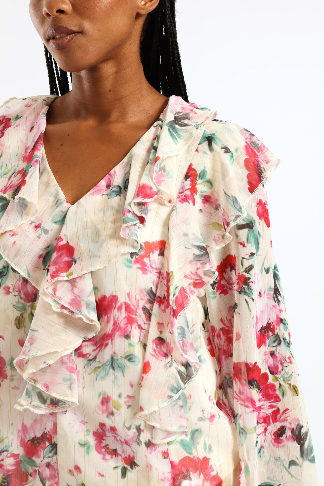 Ruffle Button Through Floral Blouse - Cream
