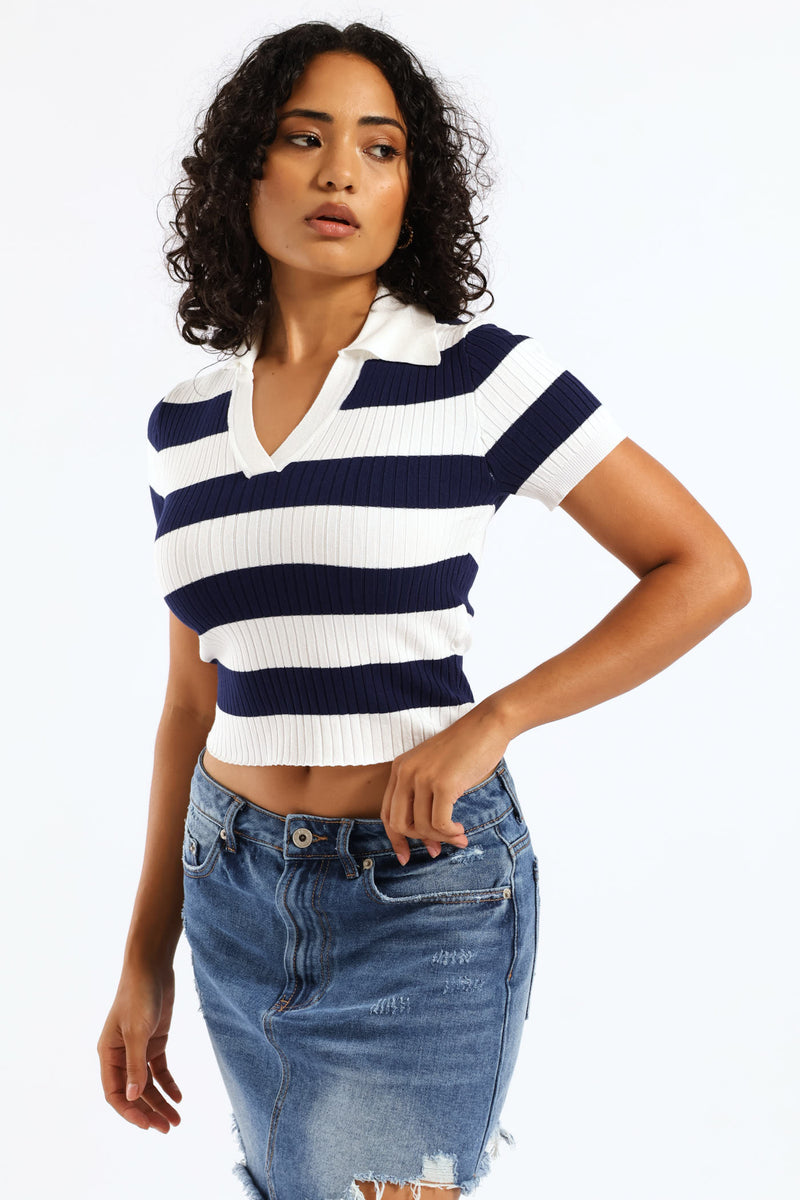 Short Sleeve Cropped Polo Sweater - White/Navy
