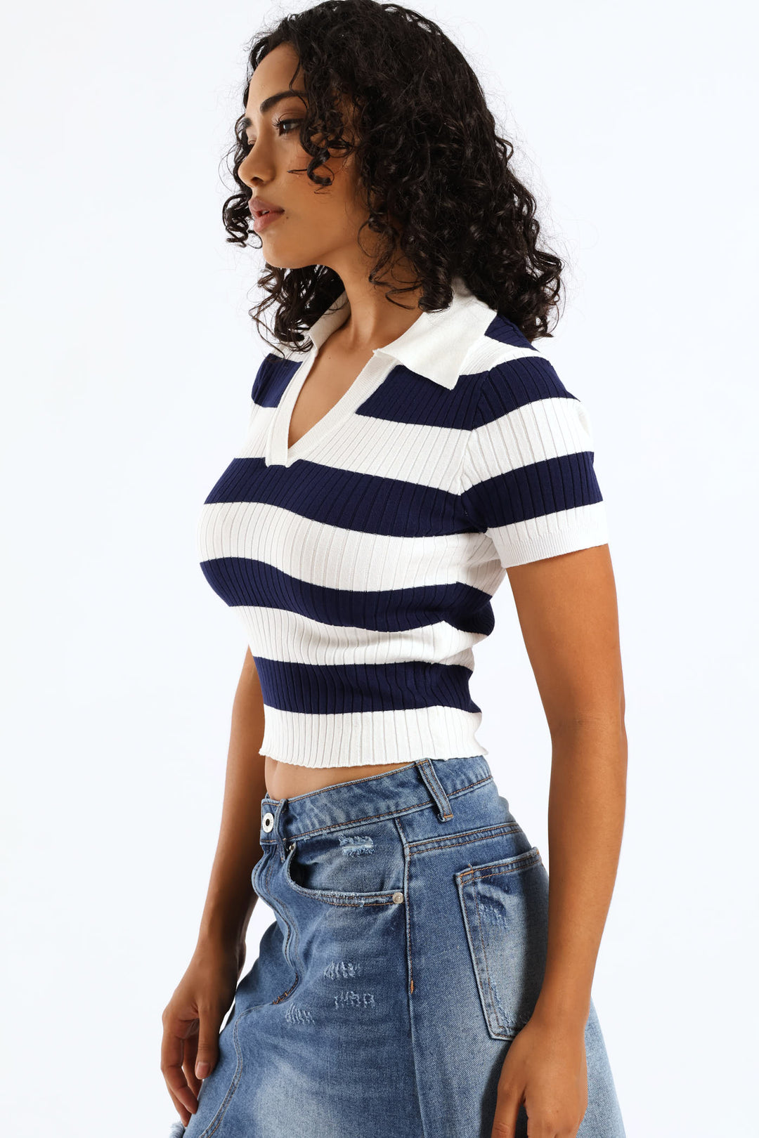 Short Sleeve Cropped Polo Sweater - White/Navy