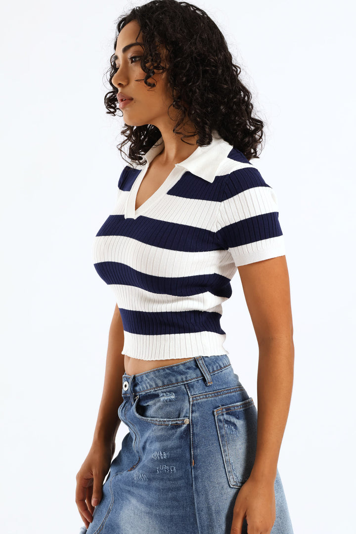 Short Sleeve Cropped Polo Sweater - White/Navy