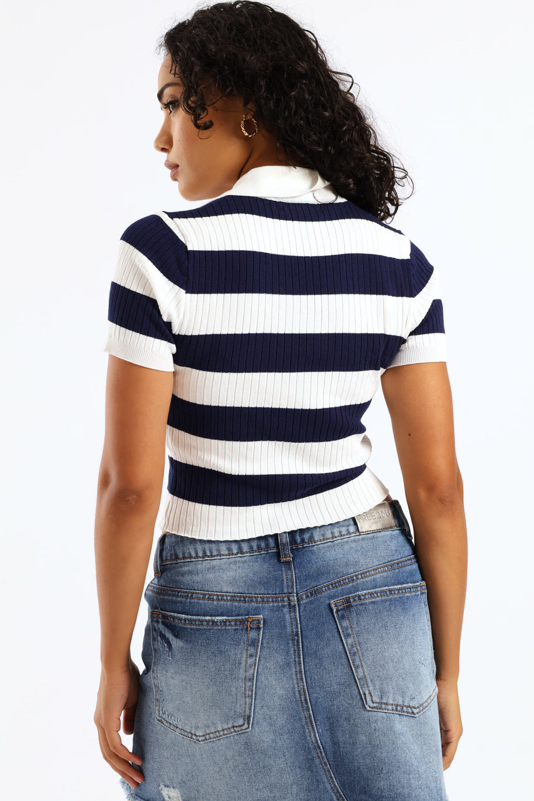Short Sleeve Cropped Polo Sweater - White/Navy