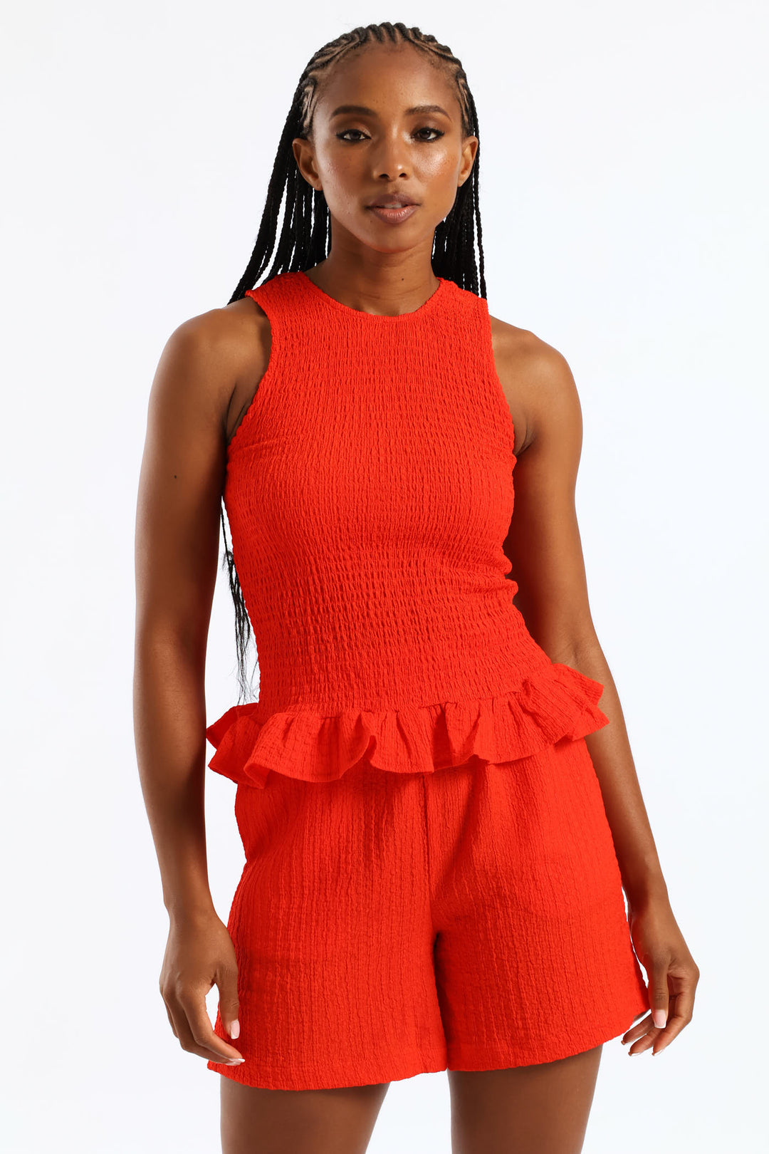 Shirred Crinkle Peplum Top - Fiery Red