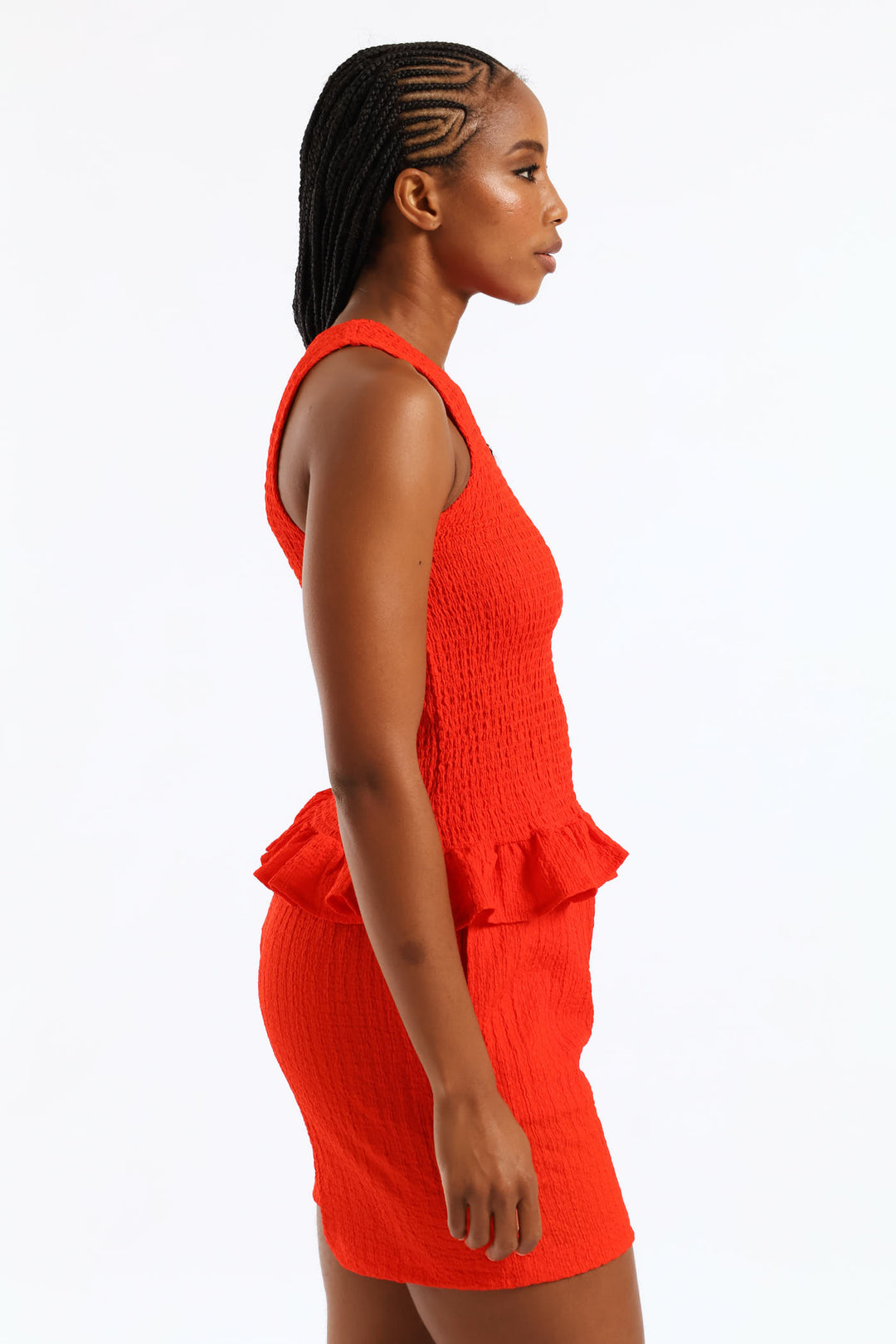 Shirred Crinkle Peplum Top - Fiery Red