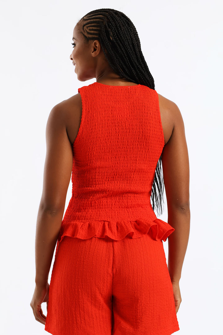 Shirred Crinkle Peplum Top - Fiery Red