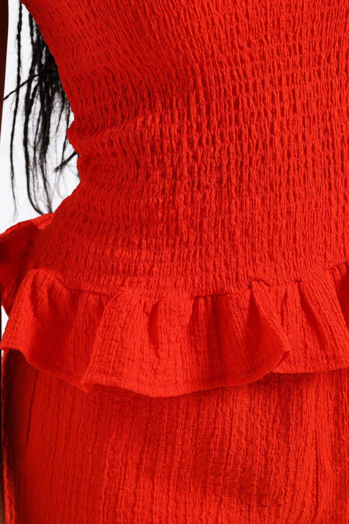 Shirred Crinkle Peplum Top - Fiery Red