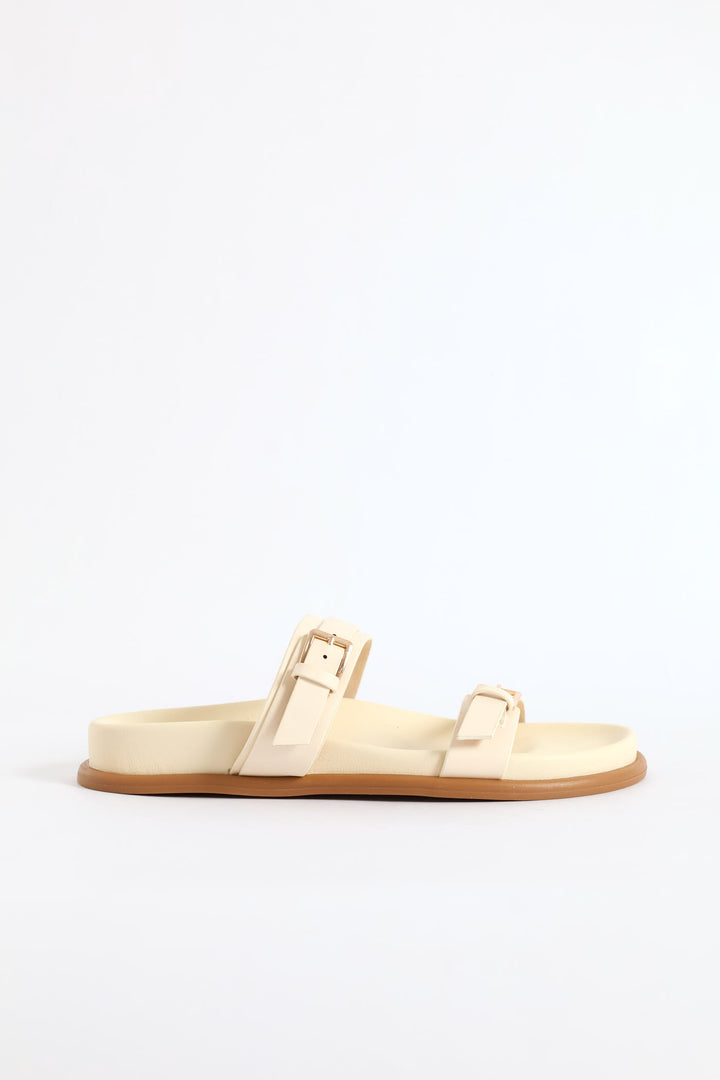 Buckle Detail Double Band Mule Sandal - Natural