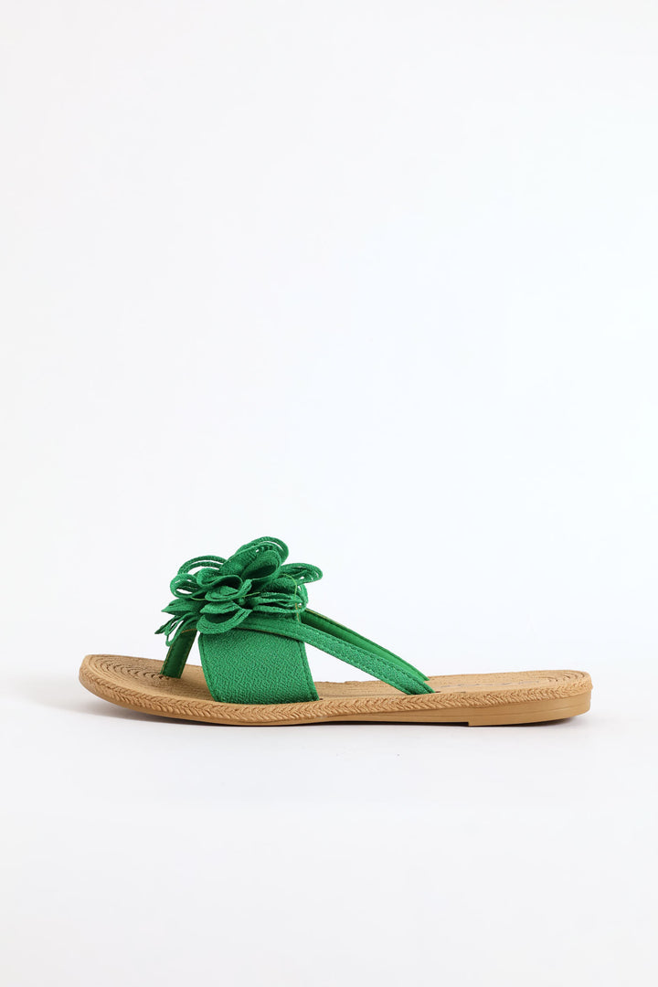 Large Flower Detail Thong Sandal - Green