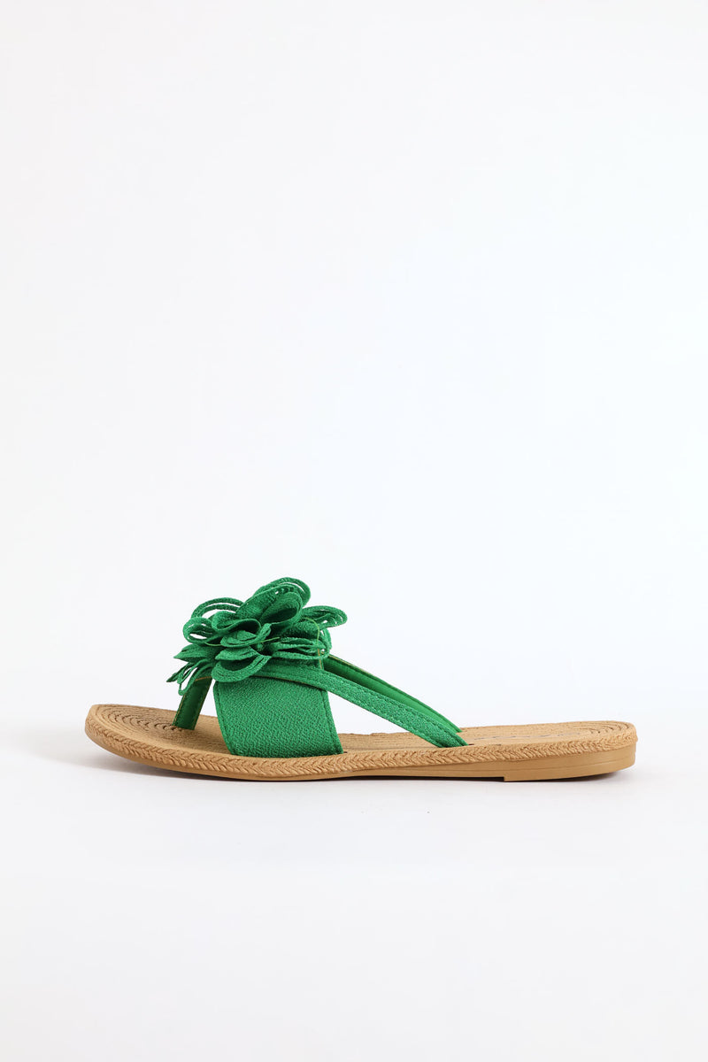 Large Flower Detail Thong Sandal - Green