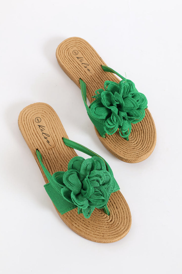 Large Flower Detail Thong Sandal - Green