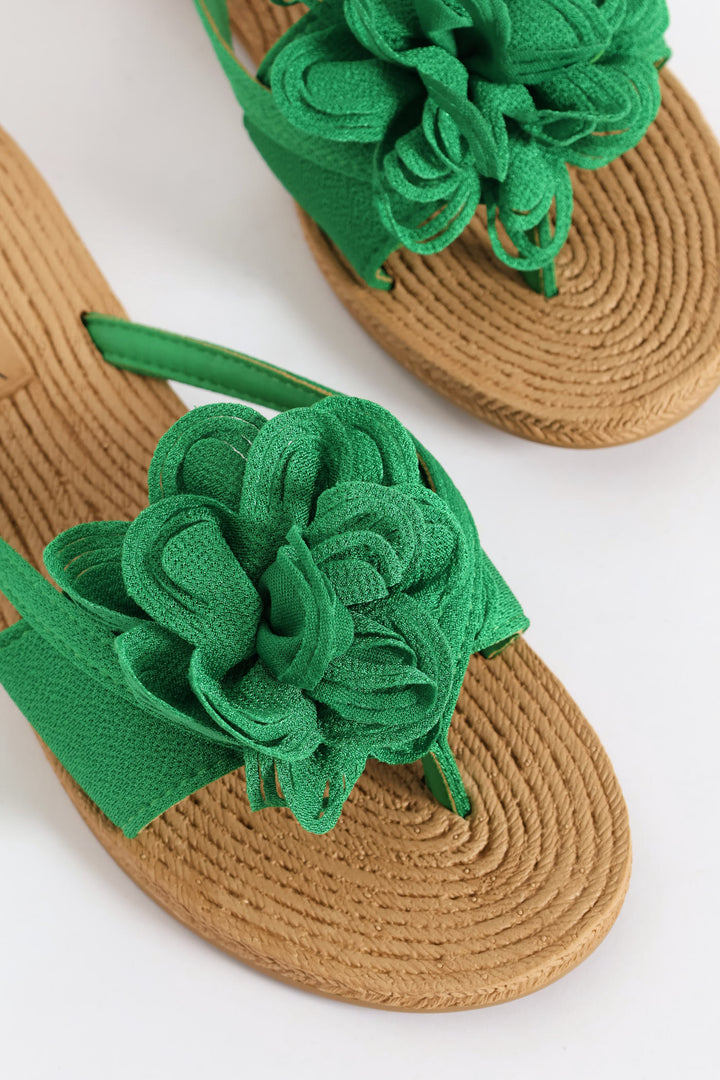 Large Flower Detail Thong Sandal - Green