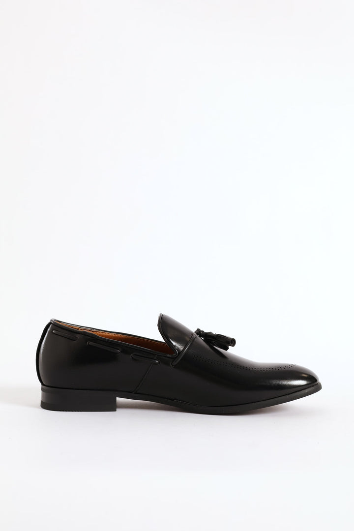Lazer Punched Detail Tassel Loafer - Black
