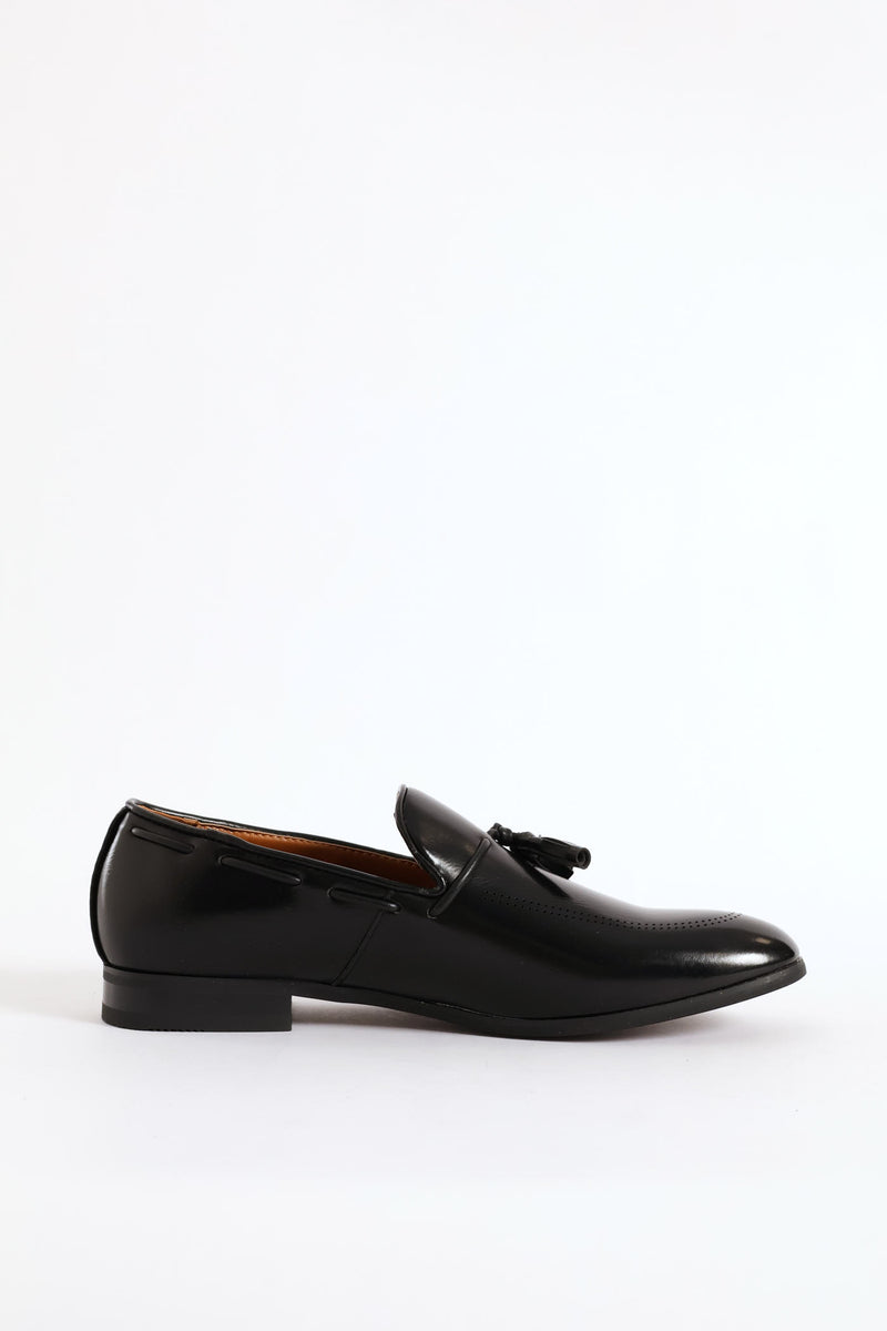 Lazer Punched Detail Tassel Loafer - Black