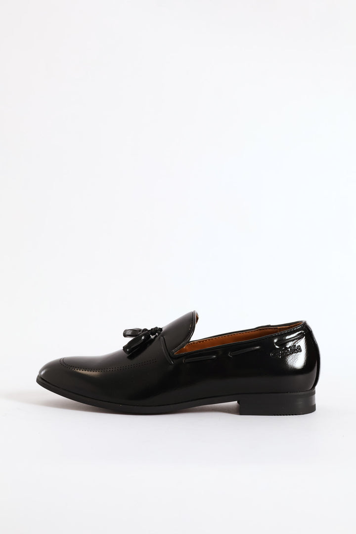 Lazer Punched Detail Tassel Loafer - Black