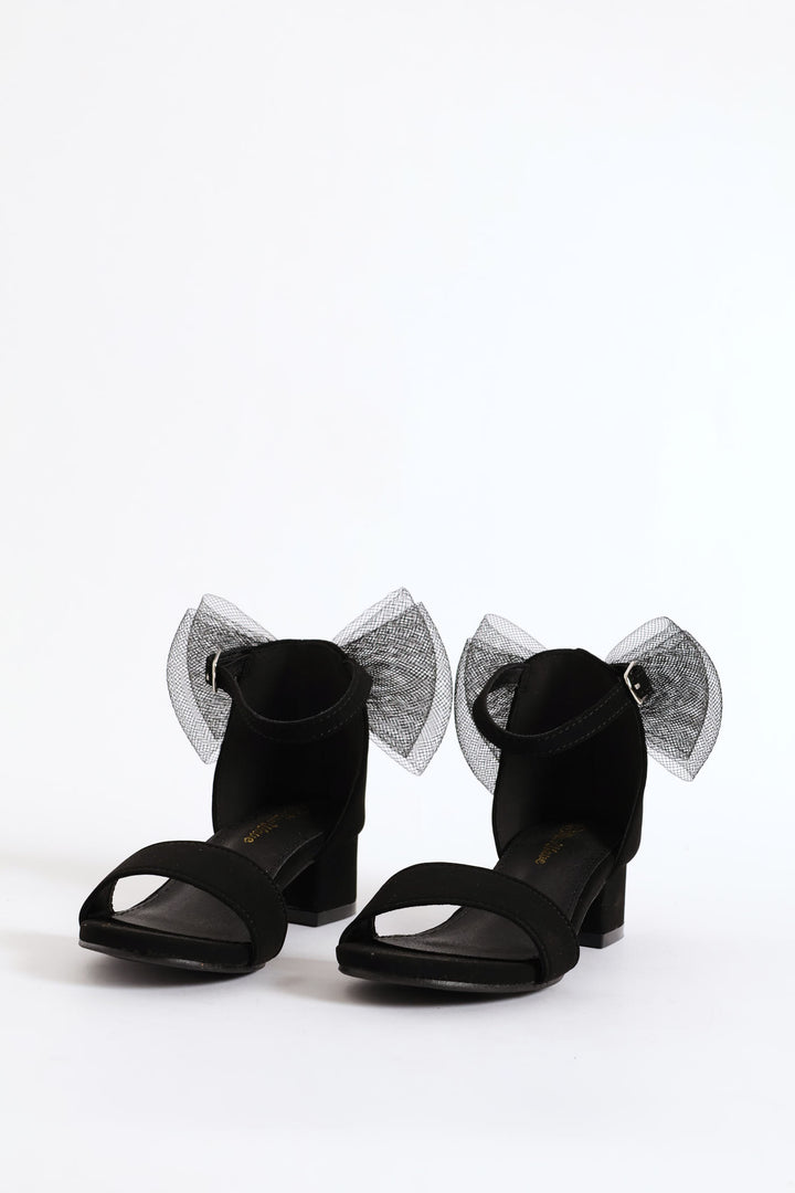 Girls Mesh Bow Heel Sandal - Black