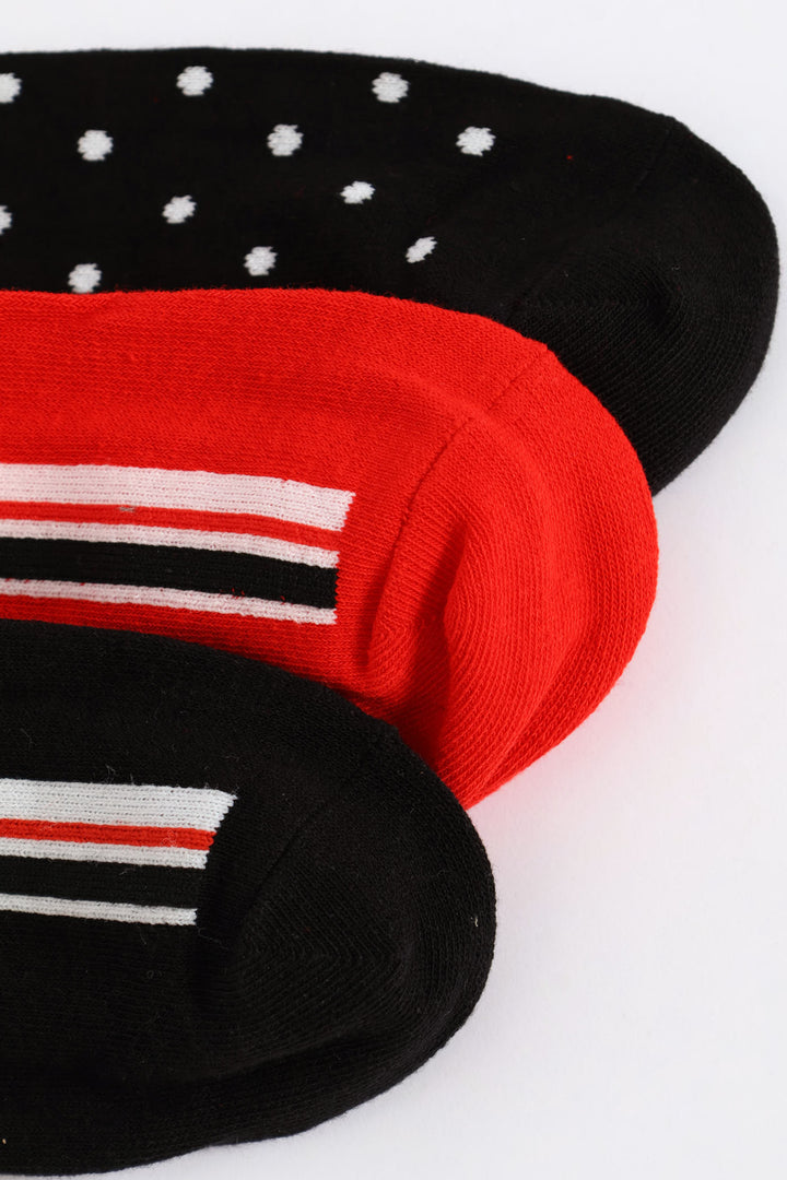 3 Pack Fashion Anklet Socks - Red/Black
