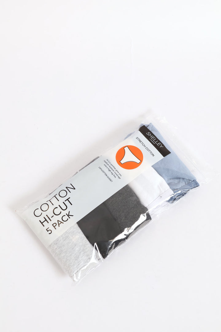5 Pack Cotton Hi-Cut Panties - White/Light Melange/Denim/Dark Melange/Black