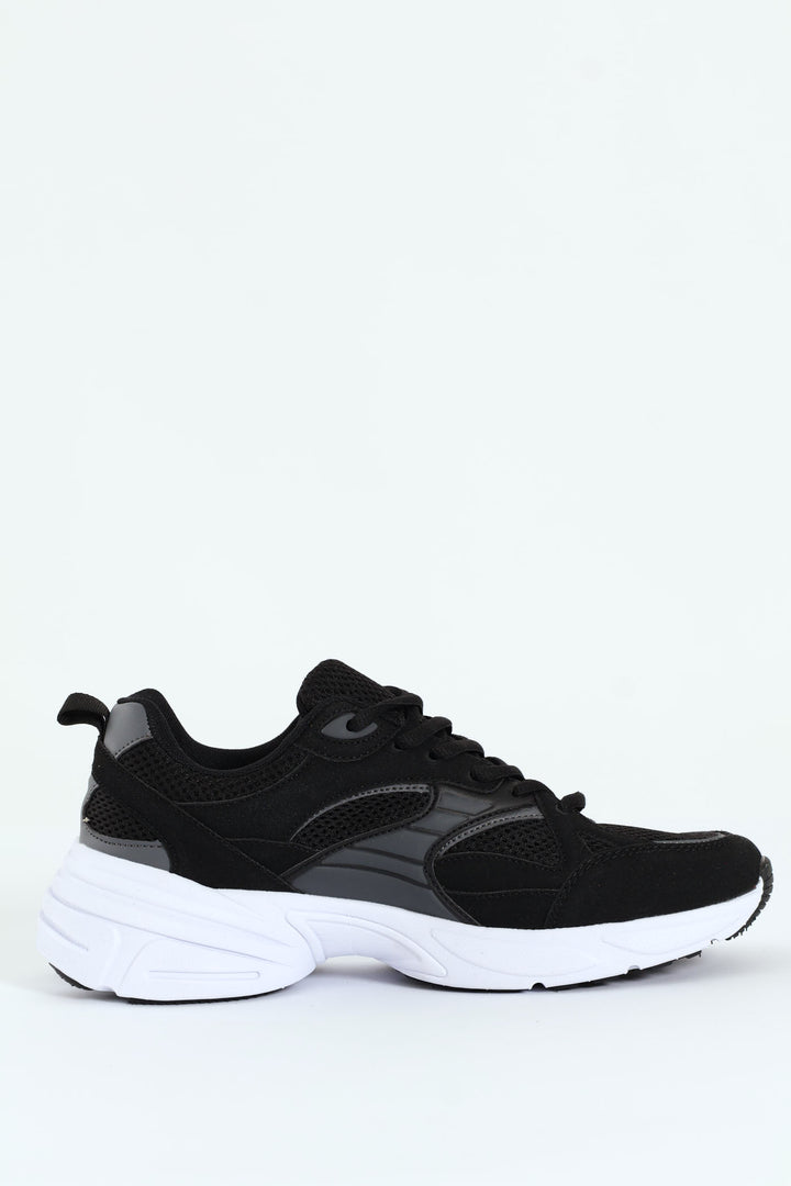 Lace Up Mesh Pu Combo Trainer - Black