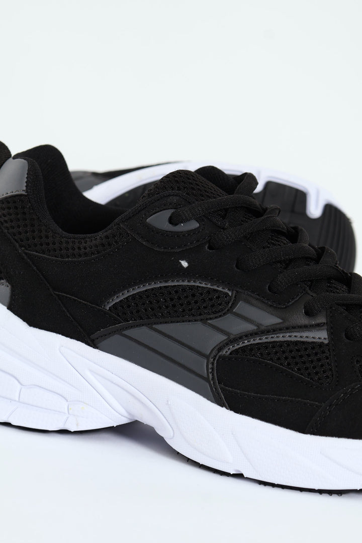 Lace Up Mesh Pu Combo Trainer - Black