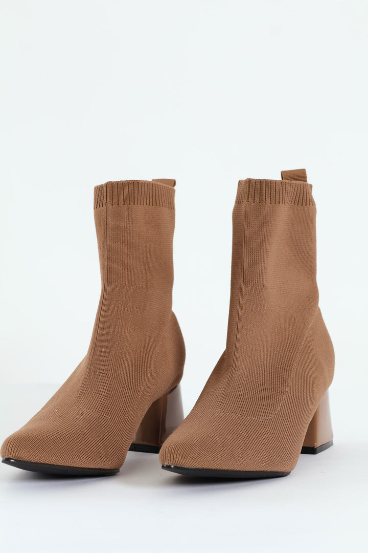 Pointed Block Heel Ankle Sock Boot - Taupe