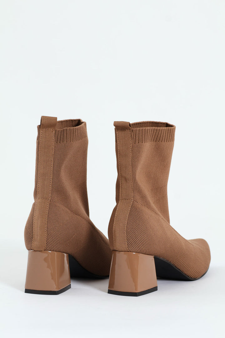 Pointed Block Heel Ankle Sock Boot - Taupe