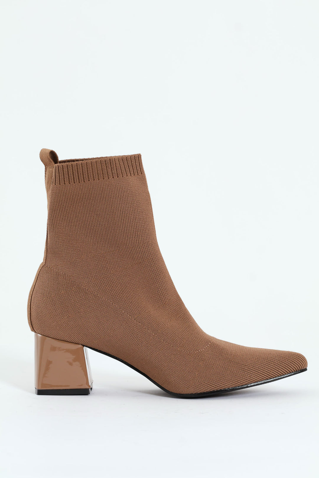 Pointed Block Heel Ankle Sock Boot - Taupe