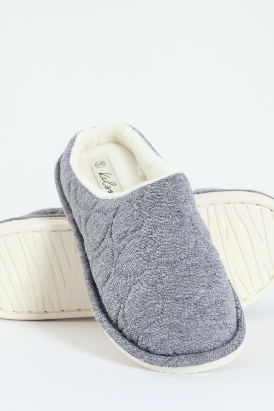 Jersey Knit Mule Slipper With Embossed Hearts - Light Grey