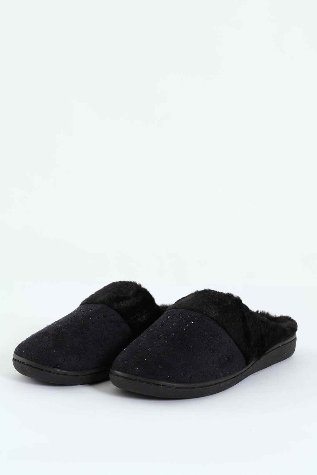 Diamante Closed Toe Slipper With Fur Topline - Black