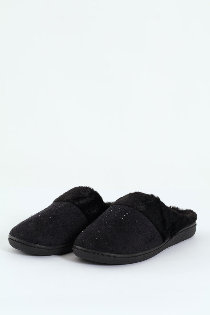 Diamante Closed Toe Slipper With Fur Topline - Black