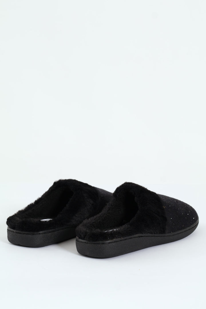 Diamante Closed Toe Slipper With Fur Topline - Black