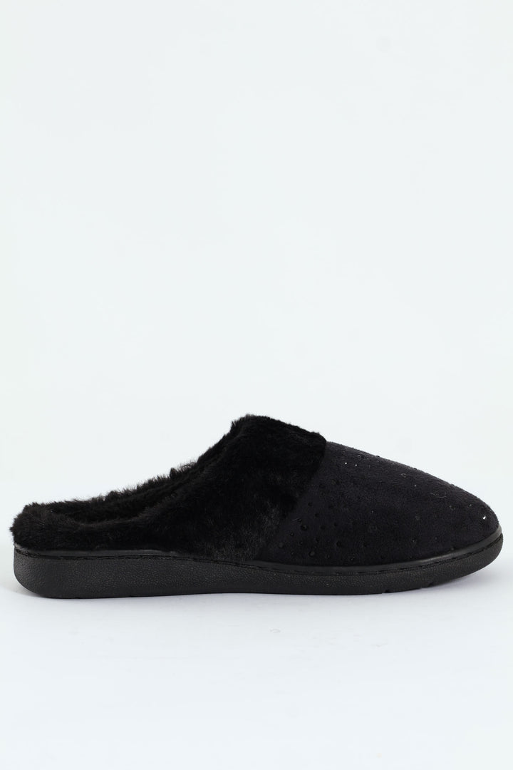 Diamante Closed Toe Slipper With Fur Topline - Black